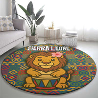 Sierra Leone Round Carpet with Cute Lion Playing Djembe Drum and Tribal Pattern Design