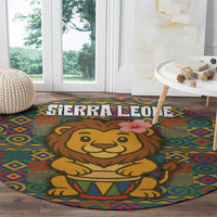 Sierra Leone Round Carpet with Cute Lion Playing Djembe Drum and Tribal Pattern Design