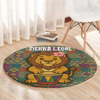 Sierra Leone Round Carpet with Cute Lion Playing Djembe Drum and Tribal Pattern Design