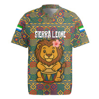Sierra Leone Rugby Jersey with Cute Lion Playing Djembe Drum and Tribal Pattern Design