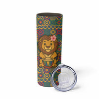 Sierra Leone Skinny Tumbler with Cute Lion Playing Djembe Drum and Tribal Pattern Design