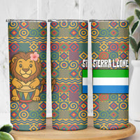 Sierra Leone Skinny Tumbler with Cute Lion Playing Djembe Drum and Tribal Pattern Design