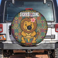 Sierra Leone Spare Tire Cover with Cute Lion Playing Djembe Drum and Tribal Pattern Design