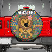 Sierra Leone Spare Tire Cover with Cute Lion Playing Djembe Drum and Tribal Pattern Design