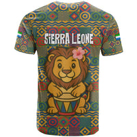 Sierra Leone T Shirt with Cute Lion Playing Djembe Drum and Tribal Pattern Design