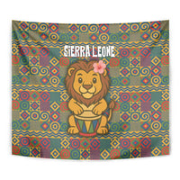 Sierra Leone Tapestry with Cute Lion Playing Djembe Drum and Tribal Pattern Design