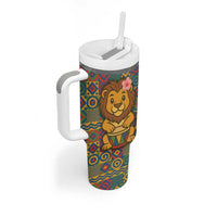 Sierra Leone Tumbler With Handle with Cute Lion Playing Djembe Drum and Tribal Pattern Design
