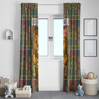 Sierra Leone Window Curtain with Cute Lion Playing Djembe Drum and Tribal Pattern Design