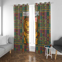 Sierra Leone Window Curtain with Cute Lion Playing Djembe Drum and Tribal Pattern Design