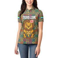 Sierra Leone Women Polo Shirt with Cute Lion Playing Djembe Drum and Tribal Pattern Design