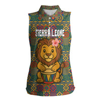 Sierra Leone Women Sleeveless Polo Shirt with Cute Lion Playing Djembe Drum and Tribal Pattern Design