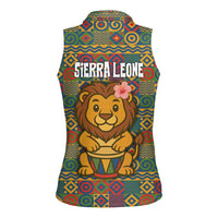 Sierra Leone Women Sleeveless Polo Shirt with Cute Lion Playing Djembe Drum and Tribal Pattern Design