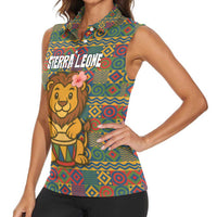 Sierra Leone Women Sleeveless Polo Shirt with Cute Lion Playing Djembe Drum and Tribal Pattern Design