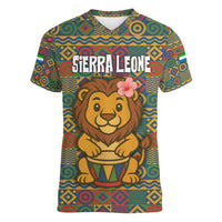 Sierra Leone Women V-Neck T-Shirt with Cute Lion Playing Djembe Drum and Tribal Pattern Design