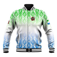Sierra Leone Baseball Jacket with Tribal Chimpanzee Design and Green Blue Gradient Pattern