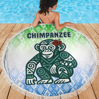 Sierra Leone Beach Blanket with Tribal Chimpanzee Design and Green Blue Gradient Pattern