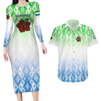Sierra Leone Couples Matching Long Sleeve Bodycon Dress and Hawaiian Shirt with Tribal Chimpanzee Design and Green Blue Gradient Pattern