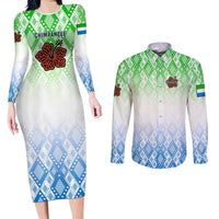 Sierra Leone Couples Matching Long Sleeve Bodycon Dress and Long Sleeve Button Shirt with Tribal Chimpanzee Design and Green Blue Gradient Pattern