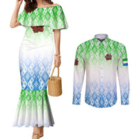 Sierra Leone Couples Matching Mermaid Dress and Long Sleeve Button Shirt with Tribal Chimpanzee Design and Green Blue Gradient Pattern