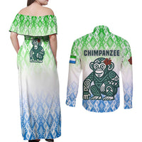 Sierra Leone Couples Matching Off Shoulder Maxi Dress and Long Sleeve Button Shirt with Tribal Chimpanzee Design and Green Blue Gradient Pattern