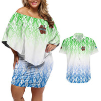 Sierra Leone Couples Matching Off Shoulder Short Dress and Hawaiian Shirt with Tribal Chimpanzee Design and Green Blue Gradient Pattern