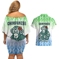Sierra Leone Couples Matching Off Shoulder Short Dress and Hawaiian Shirt with Tribal Chimpanzee Design and Green Blue Gradient Pattern