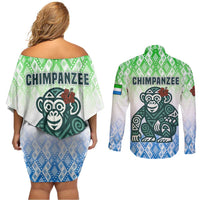 Sierra Leone Couples Matching Off Shoulder Short Dress and Long Sleeve Button Shirt with Tribal Chimpanzee Design and Green Blue Gradient Pattern