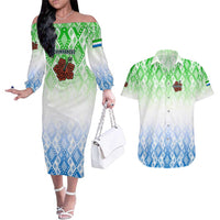 Sierra Leone Couples Matching Off The Shoulder Long Sleeve Dress and Hawaiian Shirt with Tribal Chimpanzee Design and Green Blue Gradient Pattern