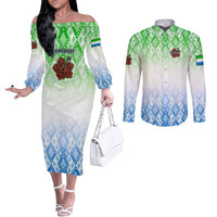 Sierra Leone Couples Matching Off The Shoulder Long Sleeve Dress and Long Sleeve Button Shirt with Tribal Chimpanzee Design and Green Blue Gradient Pattern