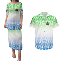 Sierra Leone Couples Matching Puletasi and Hawaiian Shirt with Tribal Chimpanzee Design and Green Blue Gradient Pattern