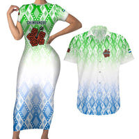 Sierra Leone Couples Matching Short Sleeve Bodycon Dress and Hawaiian Shirt with Tribal Chimpanzee Design and Green Blue Gradient Pattern