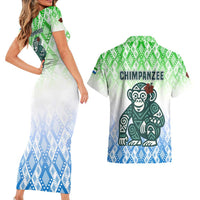 Sierra Leone Couples Matching Short Sleeve Bodycon Dress and Hawaiian Shirt with Tribal Chimpanzee Design and Green Blue Gradient Pattern