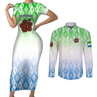 Sierra Leone Couples Matching Short Sleeve Bodycon Dress and Long Sleeve Button Shirt with Tribal Chimpanzee Design and Green Blue Gradient Pattern