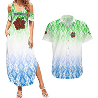 Sierra Leone Couples Matching Summer Maxi Dress and Hawaiian Shirt with Tribal Chimpanzee Design and Green Blue Gradient Pattern