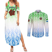 Sierra Leone Couples Matching Summer Maxi Dress and Long Sleeve Button Shirt with Tribal Chimpanzee Design and Green Blue Gradient Pattern