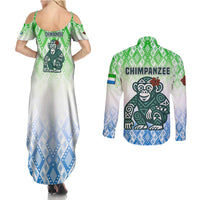 Sierra Leone Couples Matching Summer Maxi Dress and Long Sleeve Button Shirt with Tribal Chimpanzee Design and Green Blue Gradient Pattern