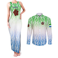 Sierra Leone Couples Matching Tank Maxi Dress and Long Sleeve Button Shirt with Tribal Chimpanzee Design and Green Blue Gradient Pattern