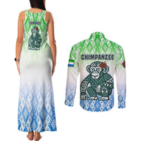 Sierra Leone Couples Matching Tank Maxi Dress and Long Sleeve Button Shirt with Tribal Chimpanzee Design and Green Blue Gradient Pattern