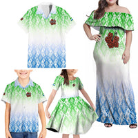 Sierra Leone Family Matching Off Shoulder Maxi Dress and Hawaiian Shirt with Tribal Chimpanzee Design and Green Blue Gradient Pattern