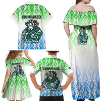 Sierra Leone Family Matching Off Shoulder Maxi Dress and Hawaiian Shirt with Tribal Chimpanzee Design and Green Blue Gradient Pattern