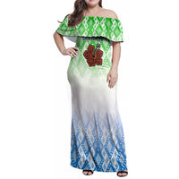 Sierra Leone Family Matching Off Shoulder Maxi Dress and Hawaiian Shirt with Tribal Chimpanzee Design and Green Blue Gradient Pattern