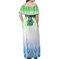 Sierra Leone Family Matching Off Shoulder Maxi Dress and Hawaiian Shirt with Tribal Chimpanzee Design and Green Blue Gradient Pattern