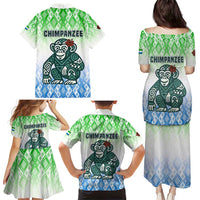 Sierra Leone Family Matching Puletasi and Hawaiian Shirt with Tribal Chimpanzee Design and Green Blue Gradient Pattern