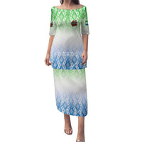 Sierra Leone Family Matching Puletasi and Hawaiian Shirt with Tribal Chimpanzee Design and Green Blue Gradient Pattern