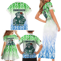 Sierra Leone Family Matching Short Sleeve Bodycon Dress and Hawaiian Shirt with Tribal Chimpanzee Design and Green Blue Gradient Pattern
