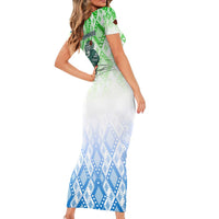 Sierra Leone Family Matching Short Sleeve Bodycon Dress and Hawaiian Shirt with Tribal Chimpanzee Design and Green Blue Gradient Pattern