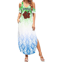 Sierra Leone Family Matching Summer Maxi Dress and Hawaiian Shirt with Tribal Chimpanzee Design and Green Blue Gradient Pattern