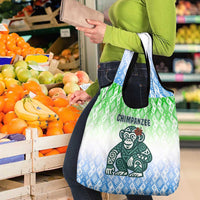 Sierra Leone Grocery Bag with Tribal Chimpanzee Design and Green Blue Gradient Pattern
