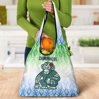 Sierra Leone Grocery Bag with Tribal Chimpanzee Design and Green Blue Gradient Pattern