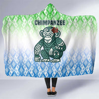 Sierra Leone Hooded Blanket with Tribal Chimpanzee Design and Green Blue Gradient Pattern